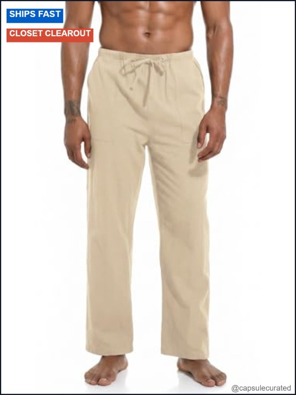 Men's Casual Cotton Linen Pants Elastic Waist Drawstring Summer
